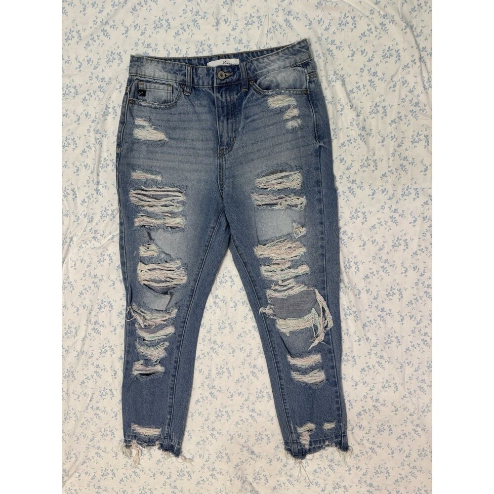 ♡KanCan Womens High Rise Distressed Straight Jeans Rainbow Thread Size 5 26 - Picture 3 of 10